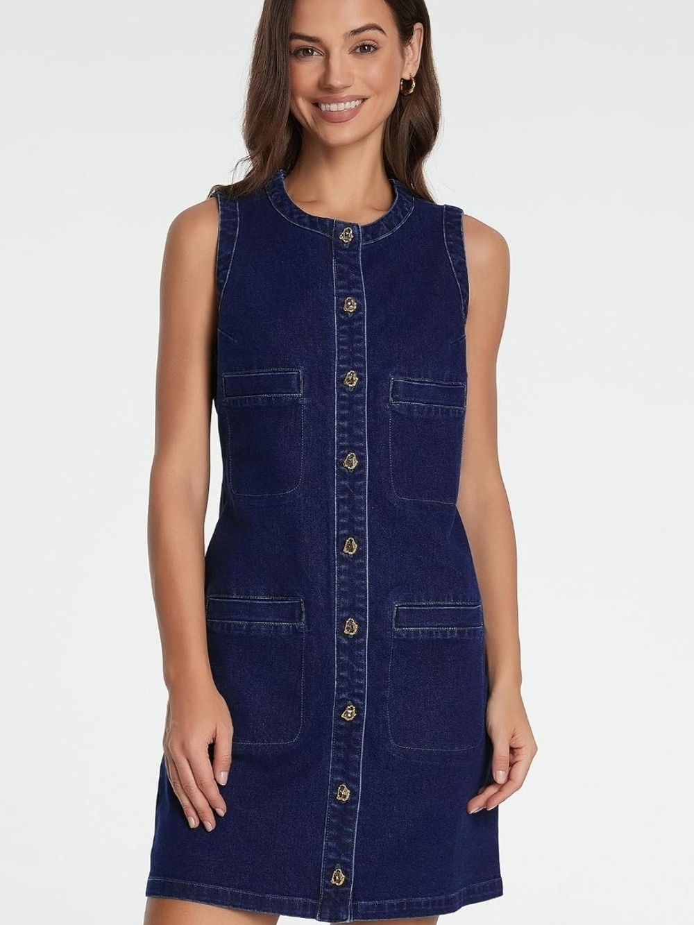 Sleeveless Dark Blue Denim Button-Front Shift Dress